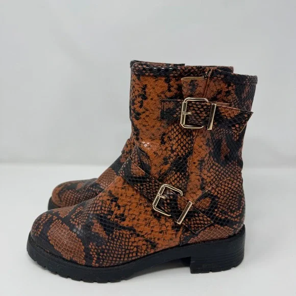Asos Design Womens Snake Print Buckle Moto Boots Brown Black Chunky Heel Size 8 - Picture 4 of 11